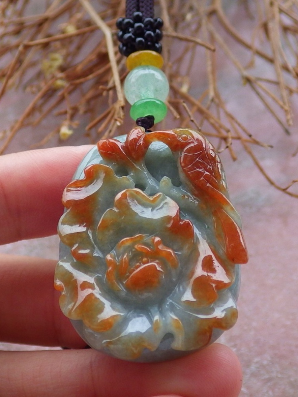 Certified Natural Burma A Jade jadeite Phoenix Bird Ruyi Lotus Flower Pendant